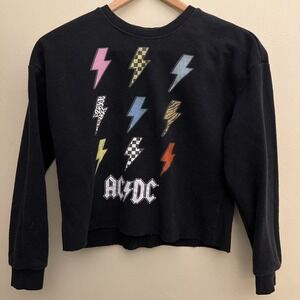 Unisex AC/DC black crewneck sweatshirt with multi-coloured lightning bolts youth